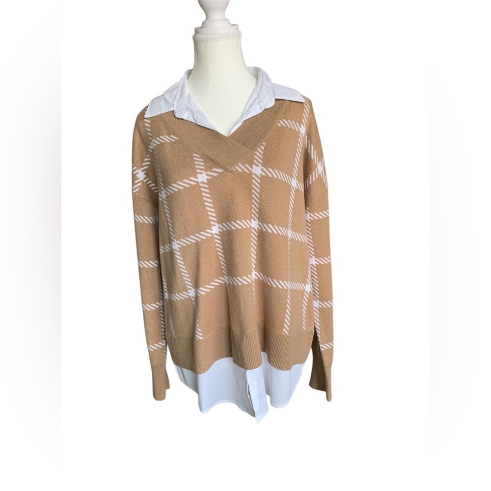 Anne Klein Collared Sweater Top Shirt Tan White Women’s Sz L NWT Career Preppy